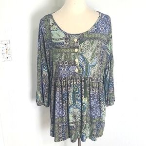 Egy California Bohemian Paisley Print Top in Blue & Green Hues, Size XL